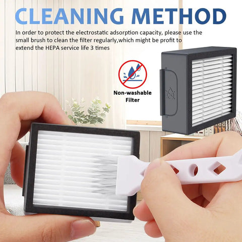 Replacement High Efficiency Filter 4639161 for Roomba E I and J series being cleaned with a brush next to cleaning instructions.