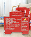 Automatic Fire Extinguisher With Dual Line Din Rail Mount And Smart Heat Sensor Quits Electrical Panel Flames Cold Using Clean Non Toxic Aerosol Tech For Home Meter Boxes And Breaker Cabinets displayed on a red background with technical details.
