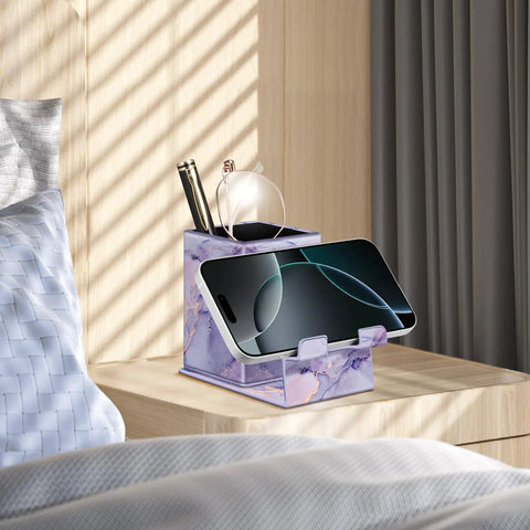 Pencil Holder With Phone Stand And Eyeglasses Organizer on nightstand in lilac marble with phone and glasses placed inside