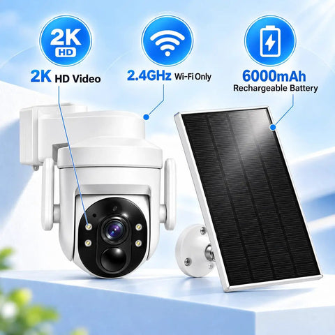 Wireless Outdoor Security Camera With Solar Power And Two Way Talk 2K Hd Full Color Night Vision PIR Motion Alerts Pan And Tilt close-up with solar panel on wall