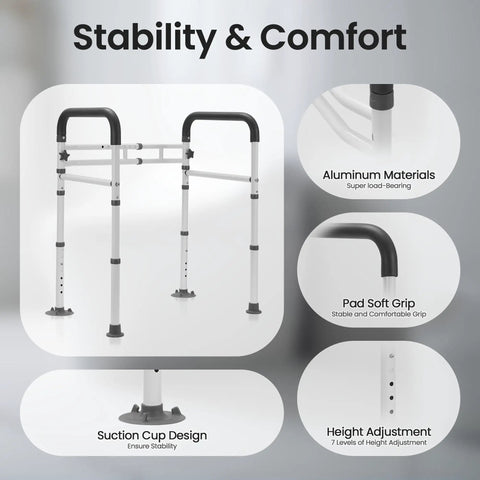 Rock Solid Toilet Safety Rails For Seniors With Dang Good Grip Handles And No Sweat Setup Bathroom Assist Frame with adjustable height.