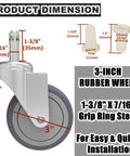 3-inch rubber wheel with 7/16 inch grip stem shown in product dimensions for Heavy Duty Three Inch Swivel Caster Replacement Wheels Made From Tough TPR Rubber On A 7/16 Inch Grip Stem Built To Handle The Daily Grind While Keeping Your Utility Mop Bucket Carts Rolling Smooth Under Load Set Of Four.