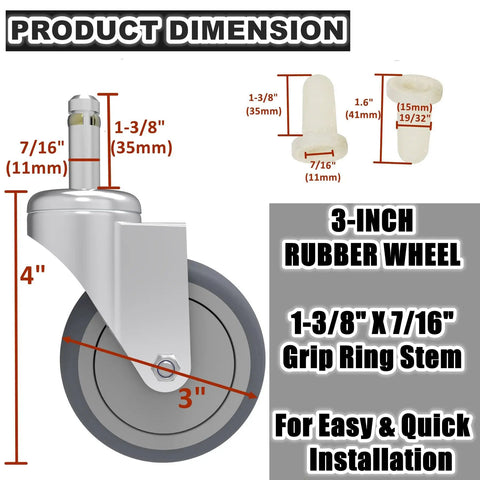 3-inch rubber wheel with 7/16 inch grip stem shown in product dimensions for Heavy Duty Three Inch Swivel Caster Replacement Wheels Made From Tough TPR Rubber On A 7/16 Inch Grip Stem Built To Handle The Daily Grind While Keeping Your Utility Mop Bucket Carts Rolling Smooth Under Load Set Of Four.