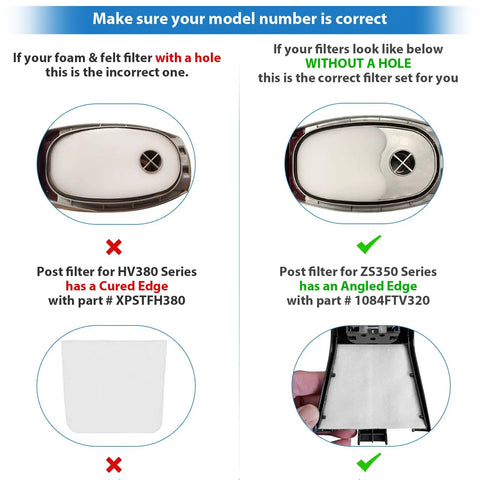 Comparison of post filter designs for HV380 Series with a hole and ZS350 Series without a hole for Shark Rocket vacuums.