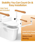 Adjustable Height Toilet Safety Rails For Seniors Boasting Top Shelf Handholds, featuring sturdy steel stabilizing plate and ergonomic handles.