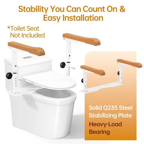 Adjustable Height Toilet Safety Rails For Seniors Boasting Top Shelf Handholds, featuring sturdy steel stabilizing plate and ergonomic handles.