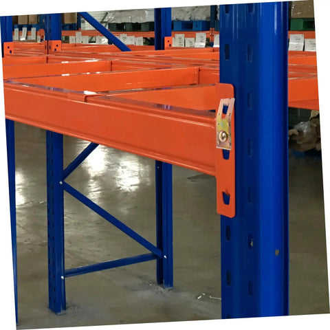 Built Tough Carbon Steel Pallet Racking Safety Clips 20 Pack Galvanized Pin Hardware on orange industrial shelving.