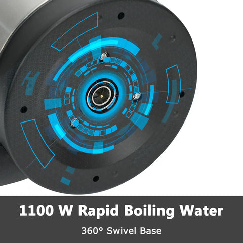 Bottom view of Stainless Steel Electric Kettle 1.8L With 1100W Rapid Boil, BPA Free Tea And Coffee Maker, showing 360 Degree Swivel Base.