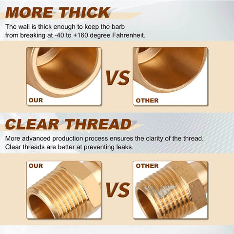 Comparison of 5 Pack Brass Hose Barb Fittings One Quarter Inch Barb To One Eighth Inch NPT Male Thread showing thickness and thread clarity.