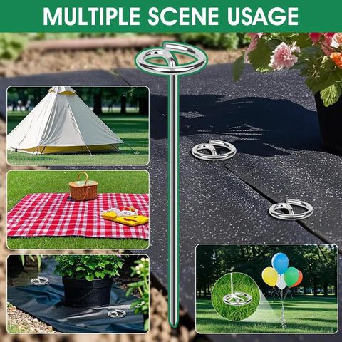 Image showing 120 Pieces Heavy Duty Landscape Fabric Pins 8 Gauge Galvanized Steel Garden Staples Stakes with round head securing garden fabric and tent.