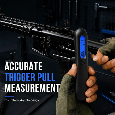 Dead On Digital Trigger Pull Scale With Hook Gauge Top Shelf Peak Mode Tension Force Meter measuring trigger tension on firearm.