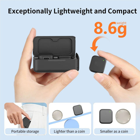 Image of a hand holding a compact charging case with a wireless microphone, highlighting its lightweight 8.6g design.