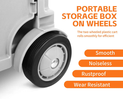 Close-up of wheel on collapsible gray rolling dolly with adjustable handle and extra storage for classroom, office, and grocery runs.