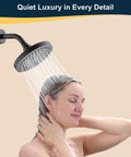 Person showering under Solid Brass Shower Arm With Flange 6 Inch Wall Mounted Pipe Extension For Fixed Shower Head And Handheld Showerhead In Oil Rubbed Bronze Easy Breezy Install Durable Leak Resistant Construction