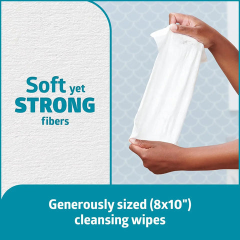 Hands holding an 8x10" ReadyFlush Biodegradable Flushable Wipes 576 Count In 24 Pack Of 24 Hydraspun Dispersible Fibers.