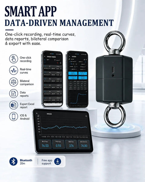 Badass Heavy Duty Grip Strength Tester And Isometric Force Meter With App Tracking showing app data management on mobile devices.