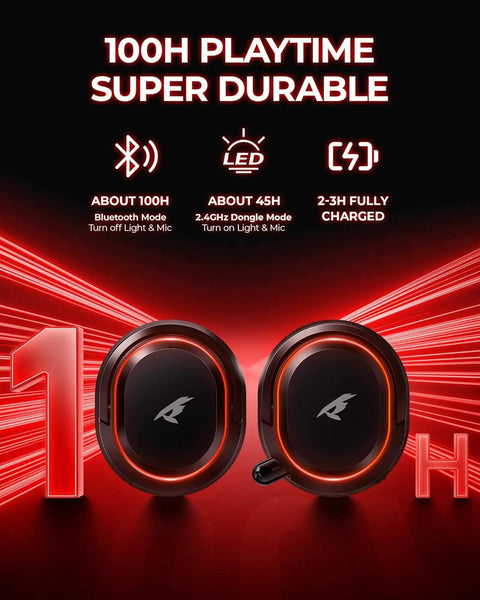 Wireless Gaming Headset With 7.1 Surround Sound, 2.4Ghz USB Dongle And Bluetooth 5.4, 100-Hr display with red graphics