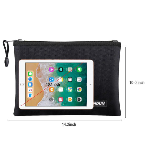 Hardcore Fireproof Waterproof Document And Cash Bag With Aluminum Foil Lining, 14.2 by 10 inches, shown holding a tablet, black.