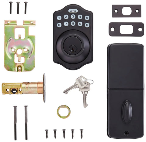 Rock Solid Electronic Keypad Deadbolt With Touch Control Keyless Entry And Fast Auto Relock In Classic Matte Black components including keypad, cylinder, keys, and fittings.