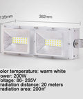 Rock Solid 200W Led Flood Light With Adjustable 180 Degree Head And Warm White Glow showing dimensions and specifications for outdoor use.