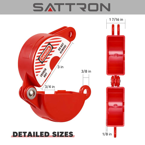 Two Set Gate Valve Lockout Kit With Safety Padlocks For 1 To 2.5 Inch Valve Handles, close-up of red lockout device with dimensions