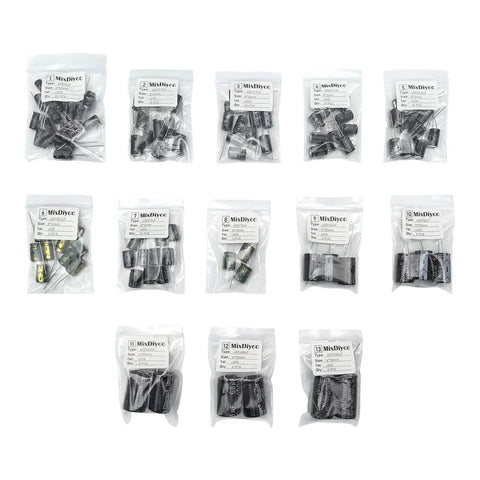 Premium Grade 400V Aluminum Electrolytic Capacitor Assortment Kit With Ninety Five Pieces individual capacitors in sealed bags.