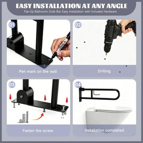 Installation process of Rock Solid 22.5 Inch Toilet Grab Bar With Non Slip Flip Up Design and Built In Paper Holder.