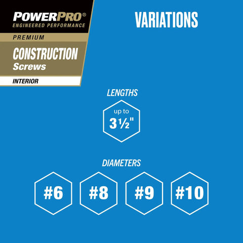 PowerPro construction screws length variations up to 3.5 inches, diameter options #6, #8, #9, #10 for interior use.