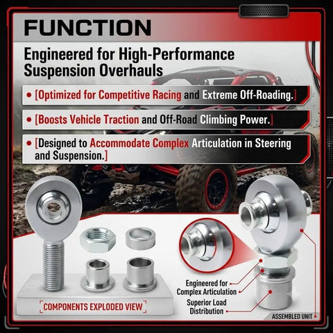 Knockout Beefy Heim Joint Rod End Kit Machined From Top Shelf Heat Treated Chromoly Steel Featuring A Slippery Hard Chrome Sleeve For Dead Tight Axle Control And Rugged Drag Racing Builds, components view.