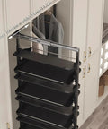 Slick Vertical Pull Out Shoe Rack Heavy Duty Metal Kickers Organizer displayed inside a tight closet with smooth glide rails.