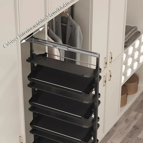 Slick Vertical Pull Out Shoe Rack Heavy Duty Metal Kickers Organizer displayed inside a tight closet with smooth glide rails.