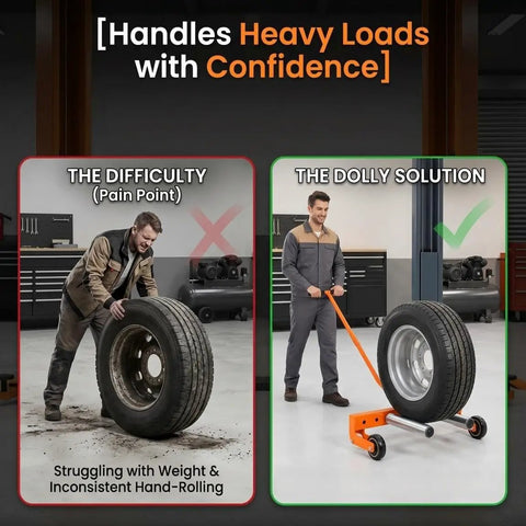 Adjustable Heavy Duty Tire Wheel Dolly Featuring A Rock Solid 500 Lb Capacity Galvanized Steel Build, moving a tire easily.