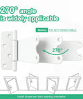 Badass 6 Inch Gate Hinges With 280 Pound Capacity Matte White Finish 4 Pack Heavy Duty T Strap Barn Door Hardware shown at 270 degree angle with installation guide.