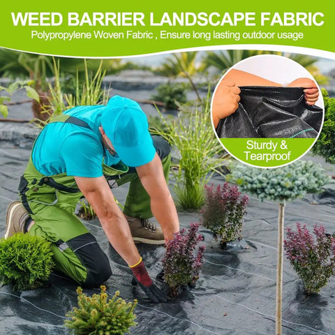 Gardener installing Heavy Duty Woven Weed Barrier Landscape Fabric 4ft by 50ft Black Geotextile Underlayment in garden.