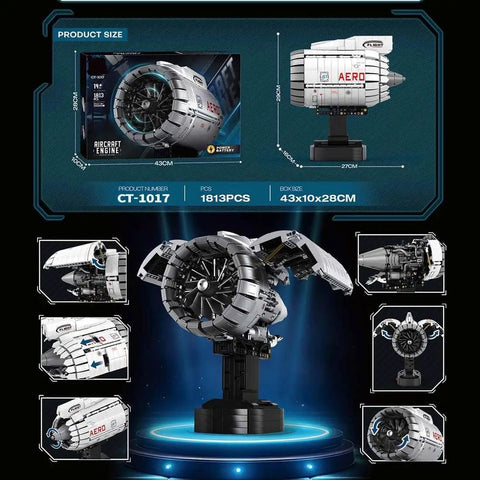 Product display of Turbofan Jet Engine Building Brick Set That Really Runs, 1813 Pieces, showing dimensions and assembly model
