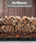 8ft Outdoor Firewood Rack With Heavy Duty Stand And Adjustable Length loaded with firewood against a wooden wall backdrop