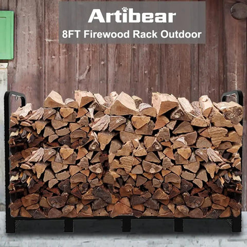8ft Outdoor Firewood Rack With Heavy Duty Stand And Adjustable Length loaded with firewood against a wooden wall backdrop
