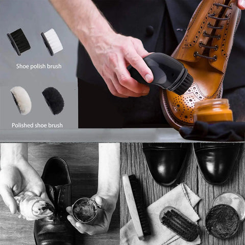 Portable Electric Shoe Polisher Brush For Rapid Shine And Fresh Kicks With Smooth Premium Leather Finish Hassle Free Auto Dust Extractor in use on a brown dress shoe.