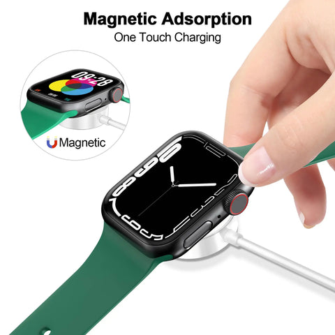 Hand holding a smartwatch connected to the Slick Magnetic Wireless Charging Cable Featuring Fast Reliable Secure Power Delivery Via Standard Type C.