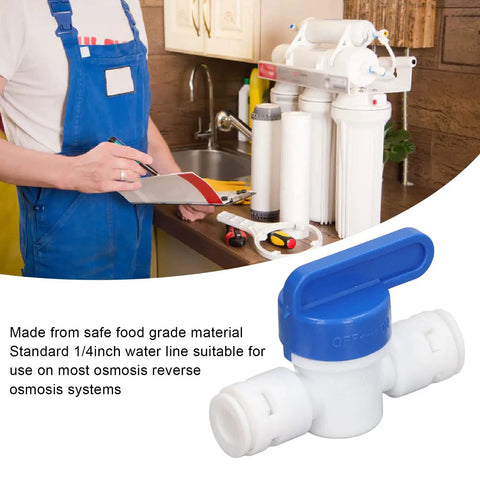 Slick Quick Connect Shut Off Valves For 1/4 Inch Water Line Tubing, blue valve for reverse osmosis systems, food grade material.