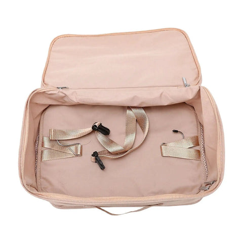 Inside view of Heavy Duty Mesh Travel Dresser showing large storage space and adjustable straps for hanging.