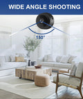Three Pack Mini Security Cameras With 1080P HD WiFi For Indoor Outdoor Use 150 Degree Wide Angle Great For Baby Pet Nanny Monitoring Remote Viewing On iOS And Android App Tiny Cam Setup For Quick Use installed in a living room, illustrating wide angle coverage.