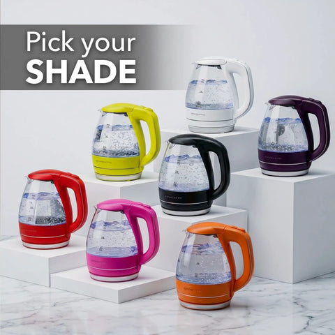 Colorful selection of 1.5L borosilicate glass electric kettles with auto shut off, on display with black and white finishes.