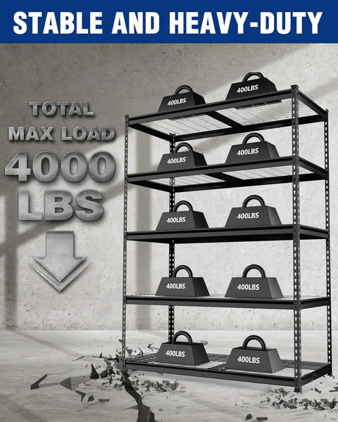 Built Tough Five Tier Heavy Duty Metal Shelving Unit With 4000 Lb Capacity showing weights on shelves in a garage.