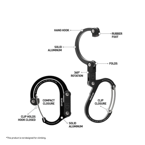 HeroClip Medium Carabiner Gear Clip And Hook For Camping Backpack And Garage Organization, black aluminum with labels