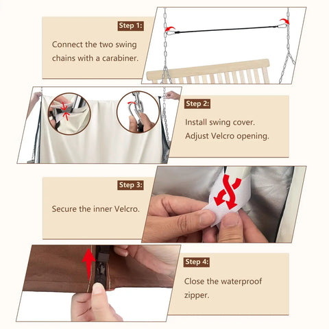 Step-by-step guide for installing the Waterproof 57 Inch Porch Swing Cover For All Weather Use Heavy Duty 600D Oxford Outdoor Swing Shield.