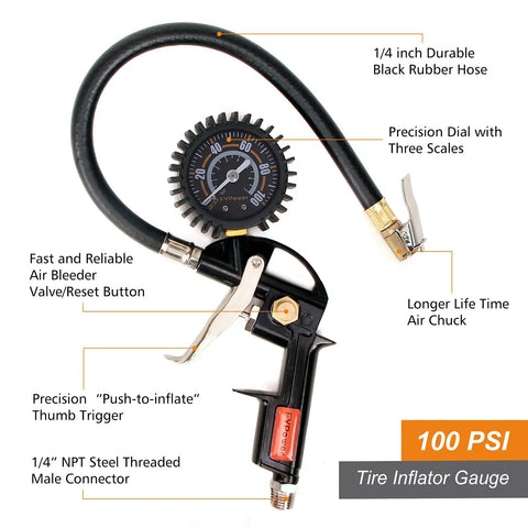 Pro Grade 22 Piece Air Compressor Accessory Kit With 25 Ft Recoil Poly Hose And Quarter Inch NPT Quick Connect Fittings Tire Inflator Gauge