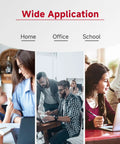 Collage showing a home, office, and school setting labeled 'Wide Application'; people using technology in each environment.