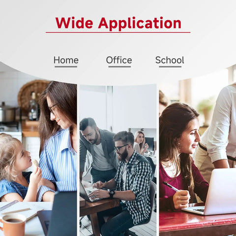 Collage showing a home, office, and school setting labeled 'Wide Application'; people using technology in each environment.