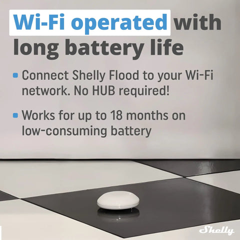 Wireless Flood Sensor With Temperature Measurement For Home Automation on a tile floor, compact white design, long battery life